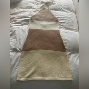Striped Halter Neck Knit Dress - Cream and Brown